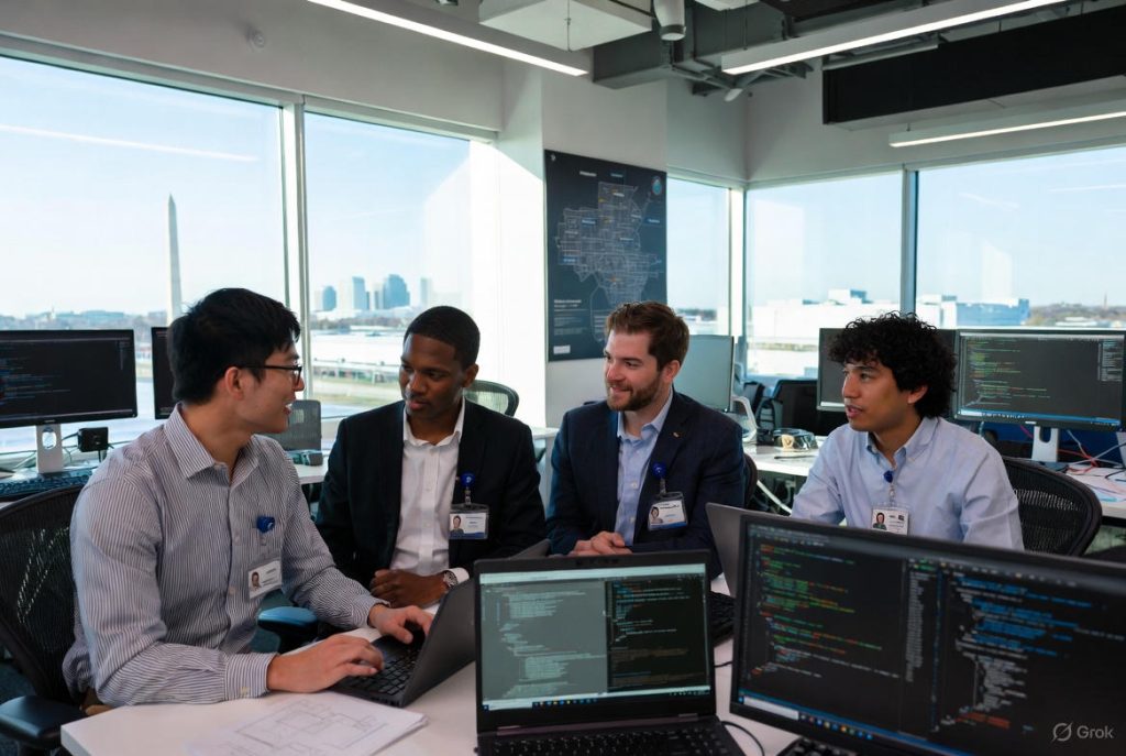 Diverse IT and cybersecurity professionals working in Howard County tech office near Fort Meade