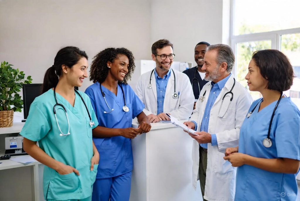 Multicultural healthcare team in colorful scrubs collaborating at Bowie clinic reception