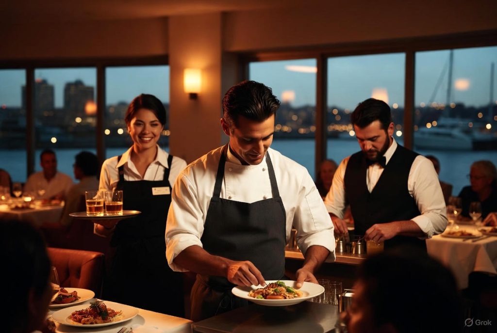 Multicultural restaurant staff serving at Inner Harbor waterfront venue