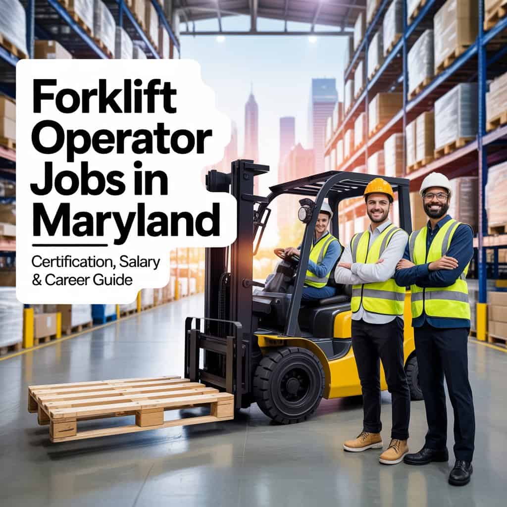 Forklift operators in Maryland warehouse with safety gear and forklift.